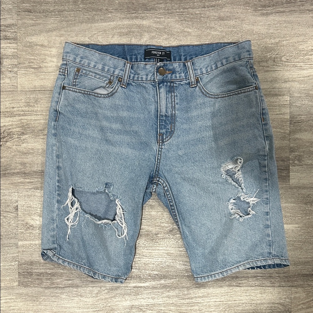 Forever 21 Men's Light Blue Ripped Jean Shorts